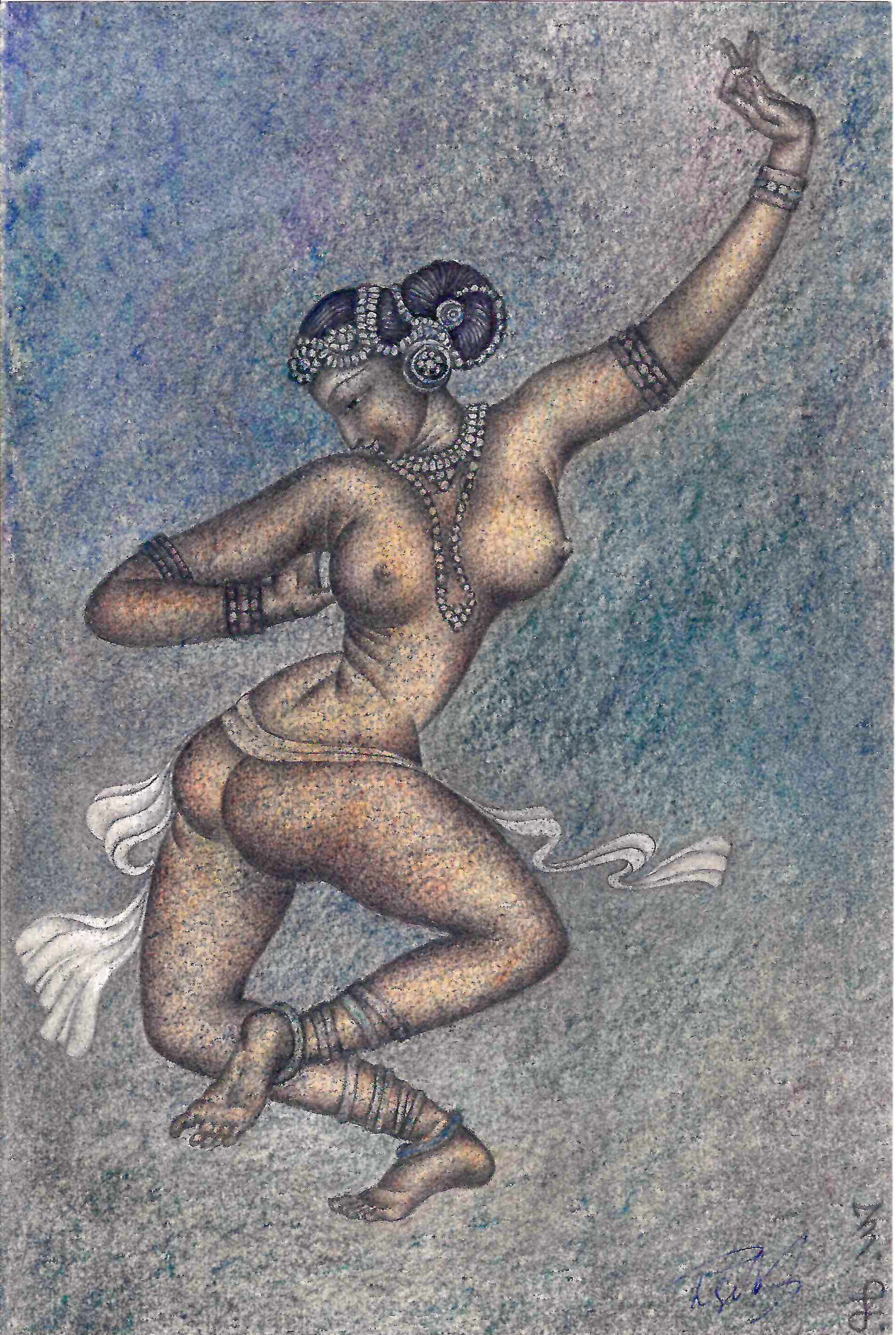 Рябов С. Парные рисунки (с эскизами) по фрескам из храма Брахадисвара в Танджавуре. 1973.